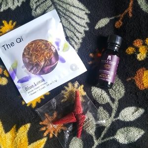 Isis wisdom bundle: anointing oil, frankincense cones, and Blue lotus flower tea